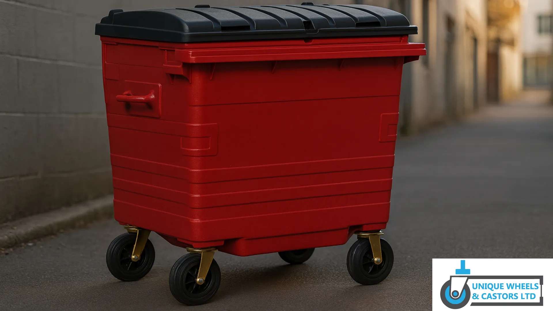An image of the 8 inch swivel dustbin wheel in use.